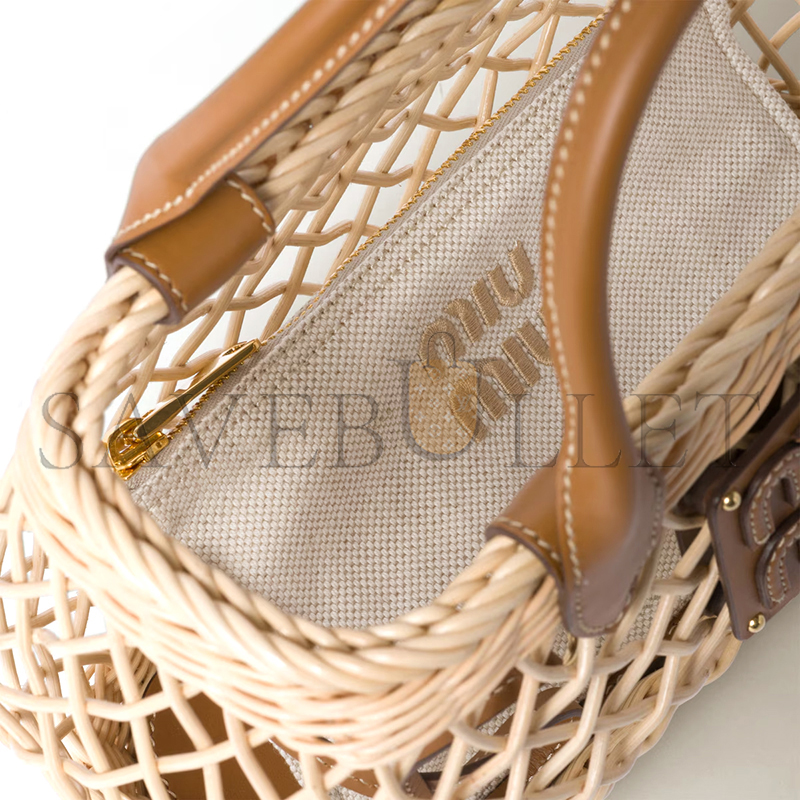 MIU MIU WOVEN FABRIC HANDBAG WITH LEATHER TRIM 5BA286 (23.5*18*9cm) MIU MIU WOVEN FABRIC HANDBAG WITH LEATHER TRIM 5BA286 (23.5*18*9cm)